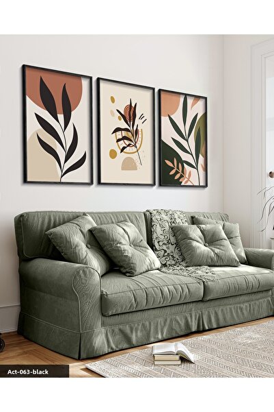 Evinemoda Flower Leaf 3 Piece Black Wooden Framed Painting