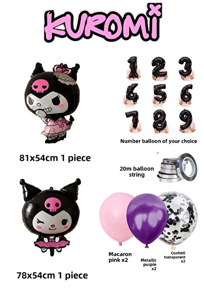 PARTİAVM 4 Year Old Double Kuromi Theme Birthday Set Black Number Confetti Transparent Balloon Helium Compatible Flying Balloon
