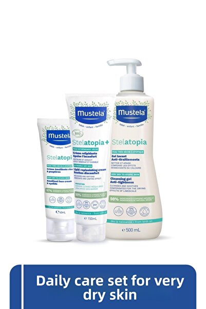 Mustela مجموعة العناية اليومية للبشرة الجافة جدًا - كريم الجسم ستيلاتوبيا+، ش...