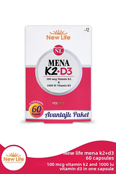 New Life Mena K2 and D3Vitamine 60 Capsules, 100Mcg + 1000Iu