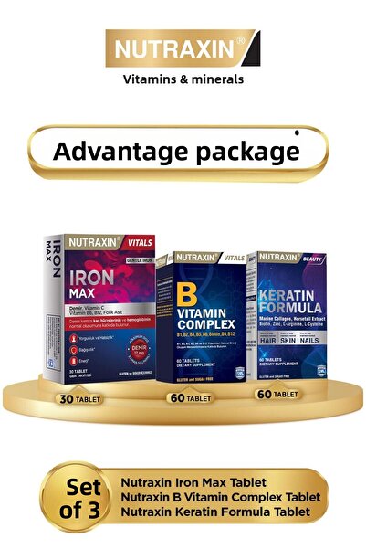 Nutraxin Keratin Formula - B Vitamin Complex - Iron Max 30 Tablets