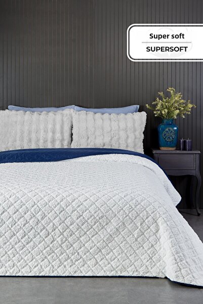 Evlen Home Collection Premium Plush Double Multi-Purpose Bedspread 200X220 Double-Sided Blanket White / Navy Blue