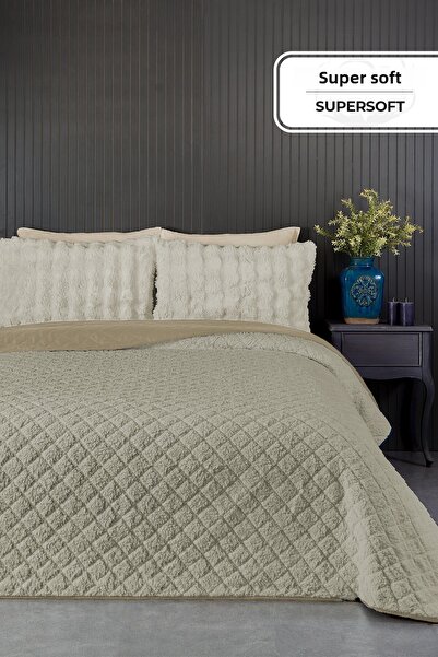 Evlen Home Collection Premium Plush Double Multi-Purpose Bedspread 200X220 Double-Sided Blanket Pique Beige / Cappuccino