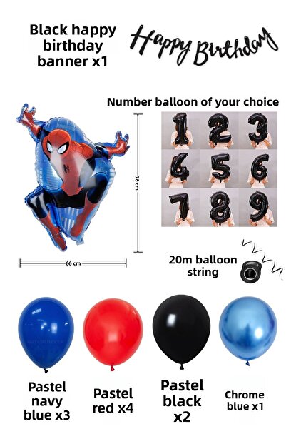 PARTİAVM 1 Year Old Giant Black Number Balloon Spider-Man Birthday Balloon Set Superhero Themed Economical Set