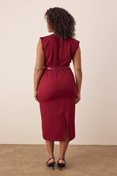 Trendyol Curve Burgundy Sleeveless Woven Midi Plus Size Dress Tbbaw26Ah00085