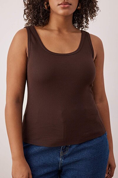 Trendyol Curve Brown Pool Collar Sleeveless Knitted Plus Size Undershirt Tbbss25Cv00019