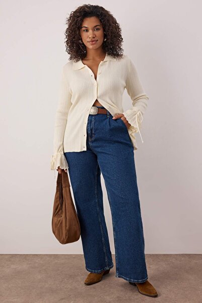 Trendyol Curve Ecru Mercerized Look Ribbed Polo Neck Knitwear Cardigan Tbbaw26Av00032