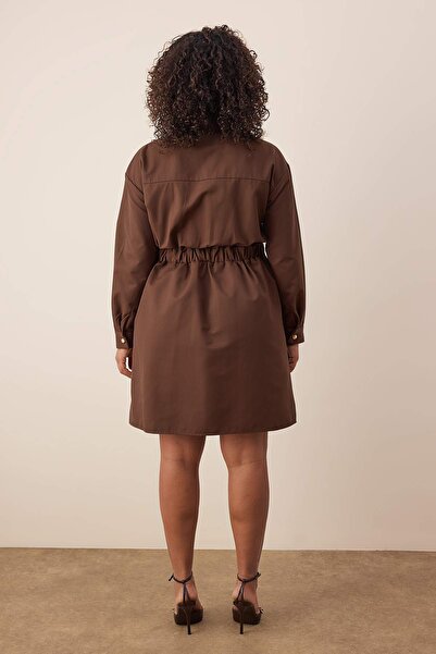 Trendyol Curve Brown Shirt Collar Tie Detail Mini Woven Plus Size Dress Tbbaw26Ah00051