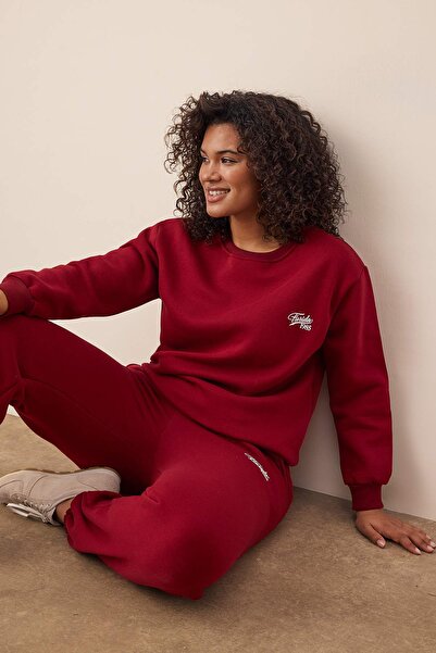 Trendyol Curve Burgundy Minimal Print Detailed Inside Fleece Large Size Tracksuit Set Tbbaw26Ts00015