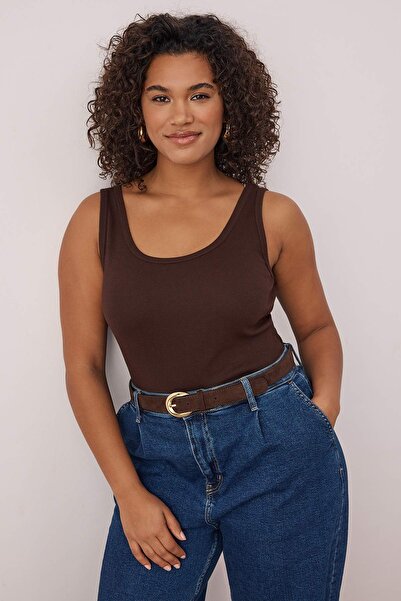 Trendyol Curve Brown Pool Collar Sleeveless Knitted Plus Size Undershirt Tbbss25Cv00019