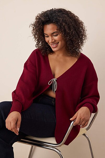 Trendyol Curve Burgundy Bow/Ribbon Detailed Knitwear Cardigan Tbbaw26Av00011