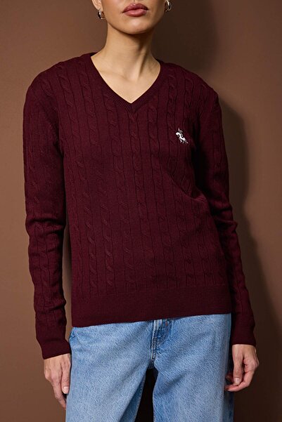 Trendyol Collection Burgundy Horse Embroidered V-Neck Hair Knitwear Sweater Twoaw26Kz00259
