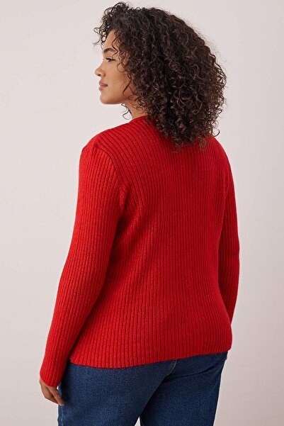 Trendyol Curve Red Crew Neck Jacket-Looking Knitwear Cardigan Tbbaw26Av00025