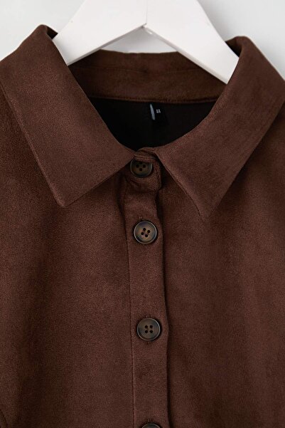 Trendyol Curve Dark Brown Shirt Collar Short Suede Woven Plus Size Dress Tbbaw26Ah00069