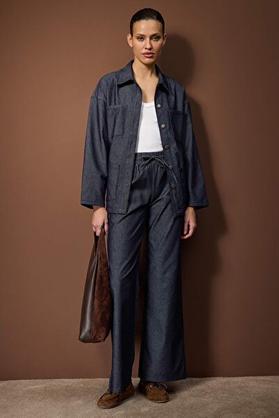 Trendyol Collection Dark Blue Flowy Thin Fabric Denim Bottom - Top Set Twoss26Au00013