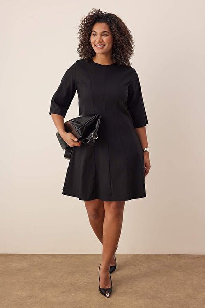 Trendyol Curve Black Three Quarter Sleeve Godeli Mini Woven Plus Size Dress Tbbaw26Ah00074
