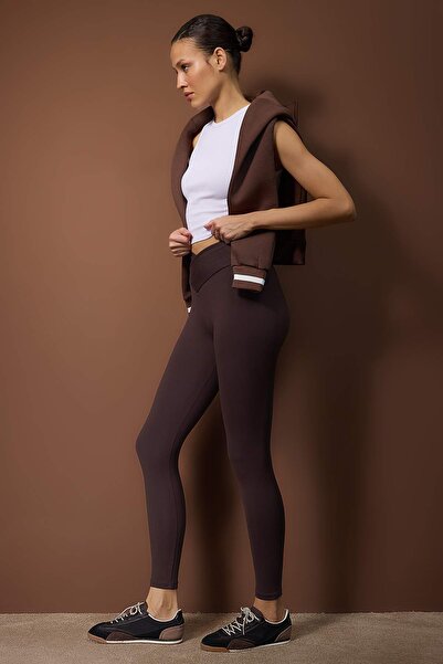 Trendyol Collection Dark Brown Soft Brushed Fabric Double-Breasted Waist Detailed Full Length Knitted Sports Leggings Thmaw26Ty00023