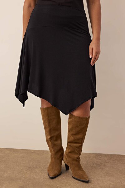 Trendyol Curve Black Elastic Waist Skirt Asymmetrical Knitted Midi Plus Size Skirt Tbbaw26Az00020
