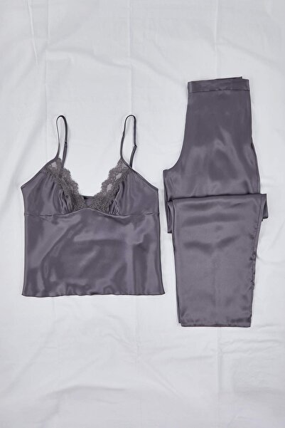 Trendyol Curve Anthracite 3-Piece Dowry Set Lace Detailed Satin Woven Pajama Set