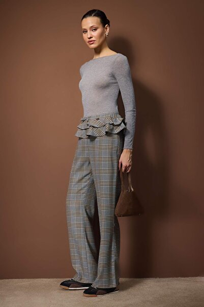 Trendyol Collection Multi-Colored Plaid Detailed Plaid Wide Leg /Wide Leg Trousers Twoaw26Pl00153