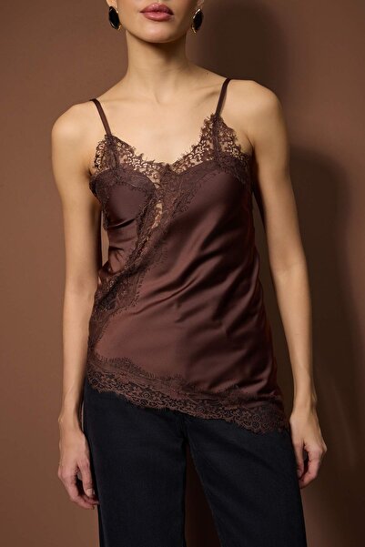 Trendyol Collection Brown Lace Detailed Asymmetric Cut Satin Blouse Tpraw26Bz00054