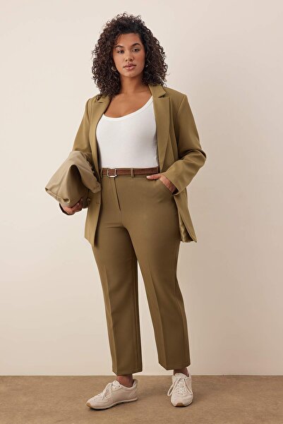 Trendyol Curve Khaki Regular Waist Pipe Leg Plus Size Woven Trousers Tbbaw26Ar00015