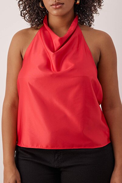 Trendyol Curve Red Satin Degaje Party Woven Plus Size Blouse Tbbaw26Af00079