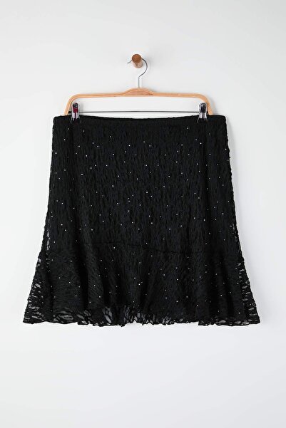 Trendyol Curve Black Skirt Flying Ruffle Knitted Lace Plus Size Skirt Tbbaw26Az00047