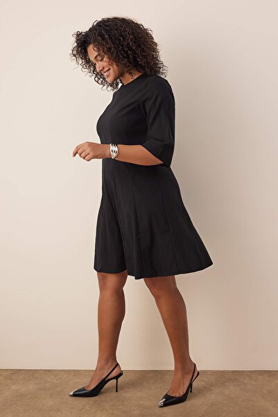 Trendyol Curve Black Three Quarter Sleeve Godeli Mini Woven Plus Size Dress Tbbaw26Ah00074