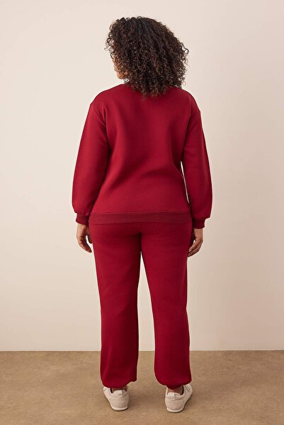 Trendyol Curve Burgundy Minimal Print Detailed Inside Fleece Large Size Tracksuit Set Tbbaw26Ts00015