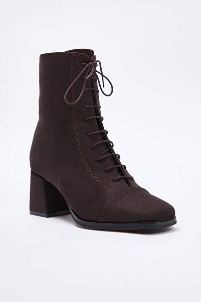 TRENDYOL SHOES Brown Suede Lace-Up Square Toe Women's Block Heeled Ankle Boots Takaw26Bo00074