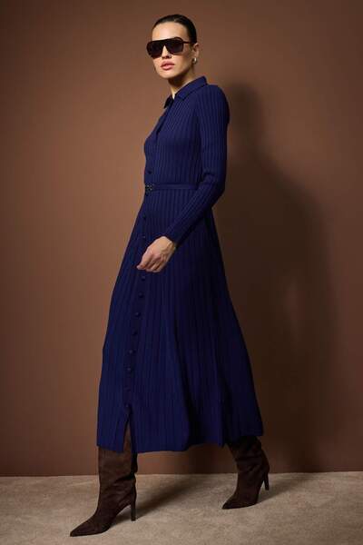 Trendyol Modest Navy Blue Metal Belt Detailed Knitwear Ribbed Dress Tctaw26Eb00014