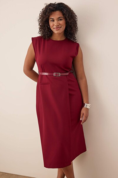 Trendyol Curve Burgundy Sleeveless Woven Midi Plus Size Dress Tbbaw26Ah00085
