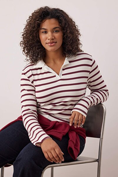 Trendyol Curve Burgundy Polo Neck Striped Crop Boy Knitted Plus Size Blouse Tbbaw26Af00109