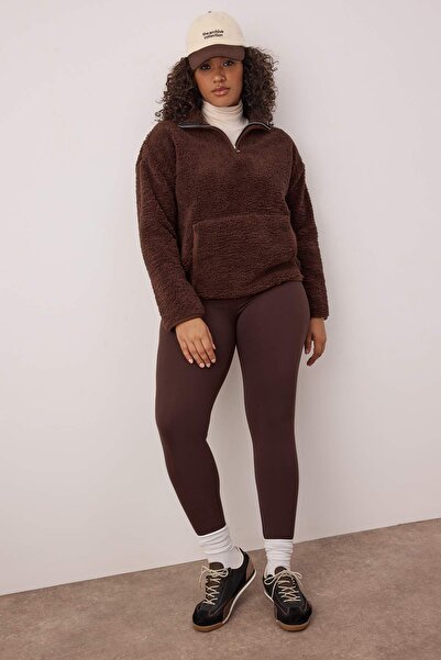 Trendyol Curve Brown Soft Brushed Fabric Reflector Print Detailed Full Length Knitted Sports Leggings Tbbaw26Bv00007