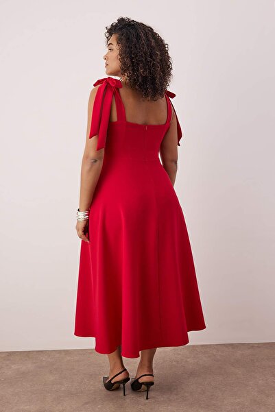 Trendyol Curve Red A-Line Suspender Tie Detail Midi Woven Evening Dress Night Graduation Dress Tbbss25Ah00225