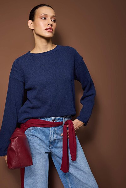 Trendyol Collection Indigo More Sustainable Cotton Wide Fit Basic Knitwear Sweater Twoaw26Kz00107