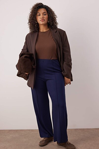 Trendyol Curve Dark Blue Rib Detailed Wide Leg /Wide Leg Plus Size Sweatpants Tbbaw26Aj00005