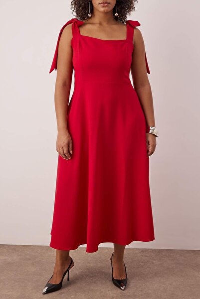 Trendyol Curve Red A-Line Suspender Tie Detail Midi Woven Evening Dress Night Graduation Dress Tbbss25Ah00225