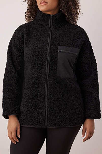 Trendyol Curve Winter Essentials Black Thick Fleece Zippered Stand Collar Pocket Knitted Sweatshirt Tbbaw26Ao00022