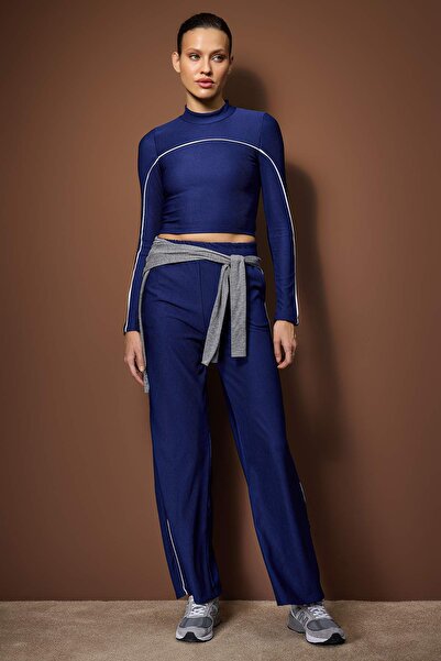 Trendyol Collection Navy Blue Ecru Piped Fitted Straight/Straight Leg Knitted Tracksuit Set Twoaw26Em00019