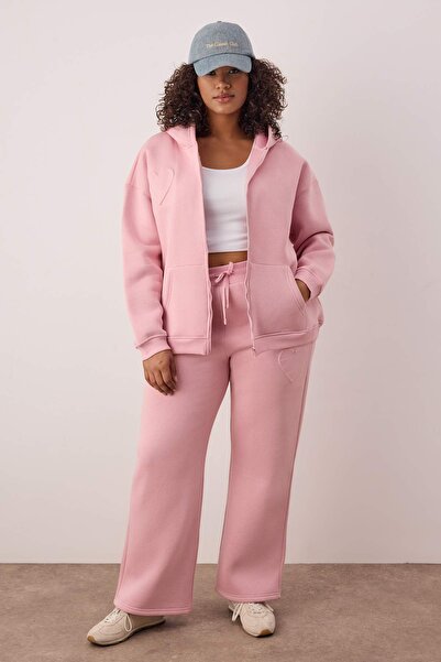 Trendyol Curve Σετ αθλητικής φόρμας με ροζ κουκούλα με ανάγλυφο σχέδιο, πλεκτό σε μεγάλο μέγεθος TBBAW26TS00009