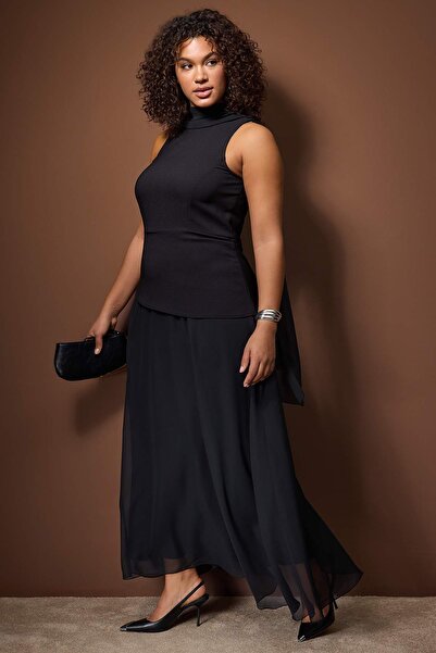 Trendyol Curve Black Chiffon Woven Plus Size Party/Evening/Night Dress Tbbaw26Ah00076