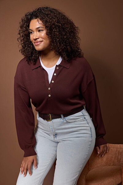 Trendyol Curve Wardrobe Essentials Brown Mercerized Look Polo Neck Knitwear Sweater Tbbaw26An00057