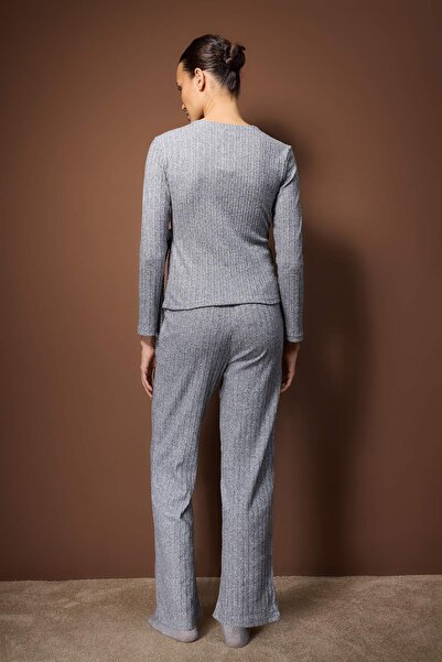 Trendyol Collection Gray Melange Double-Breasted Corded Fabric Knitted Pajama Set Thmaw26Pt00225