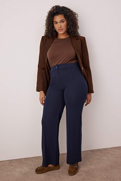 Trendyol Curve Navy Blue Ribbed Detailed Straight Fit Knitted Plus Size Trousers Tbbaw26Ar00029