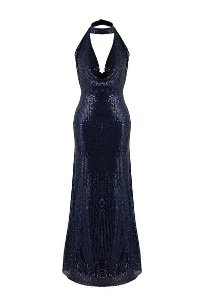Trendyol Collection Navy Blue Plain Knitted Sequin Maxi Evening & Graduation Dress Tprss25Ae00189
