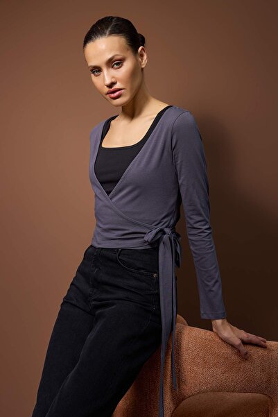 Trendyol Collection Anthracite-Black 2-Pack Tie-Up Detailed Body-Hugging Stretchy Knitted Blouse Twoaw26Bz00102