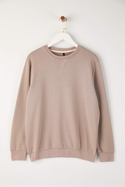 Trendyol Collection Beige Relaxed Fit 100% Cotton Basic Crew Neck Sweatshirt Tmnaw26Sw00060