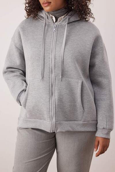 Trendyol Curve Gray Melange Hooded Fleece Inside Zippered Front Plus Size Knitted Sweatshirt Tbbaw25Ao00027